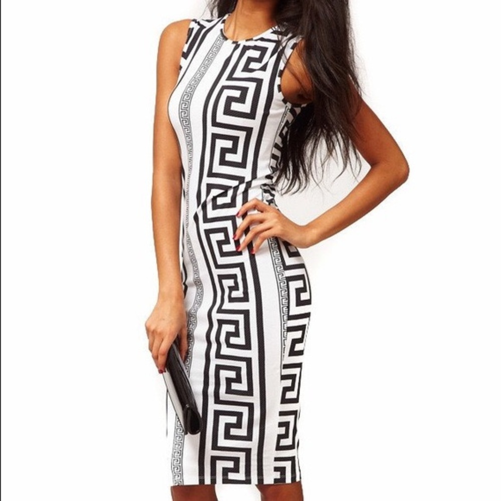 SOLD OUT Asos Petite Black Midi Greek Key Dress - Picture 1 of 6